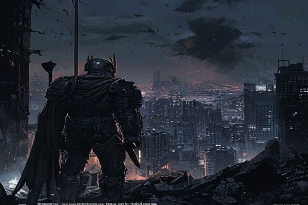 《守望者》邪恶漫画封面场景，暗色调中身着战甲的英雄凝视破碎城市夜景，画面充满末日压抑感与道德拷问张力