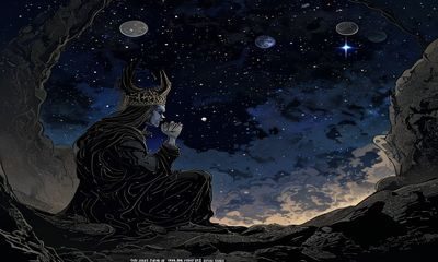 《沙人》邪恶漫画插图，梦境之王在黑暗星空下沉思，画面融合哥特美学与神话叙事的邪恶气质